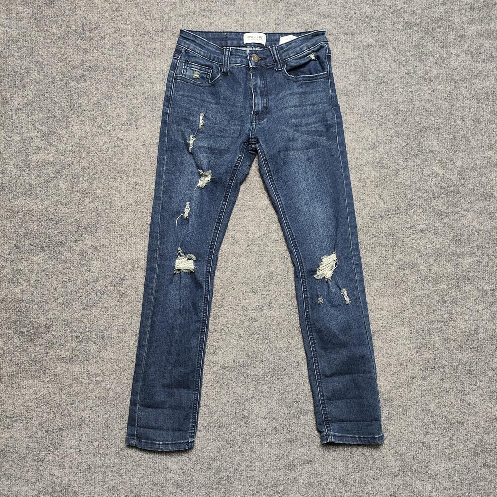 Ring Of Fire Jeans Kids 8 Blue Medium Wash Distressed Ripped Slim Straight Denim